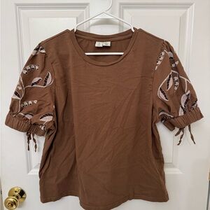 Joie Brown Puff Sleeve Blouse with Embroidery